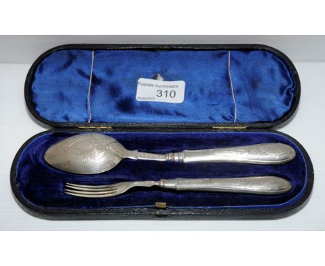 Cased silver fork and knife set with bright cut engraving