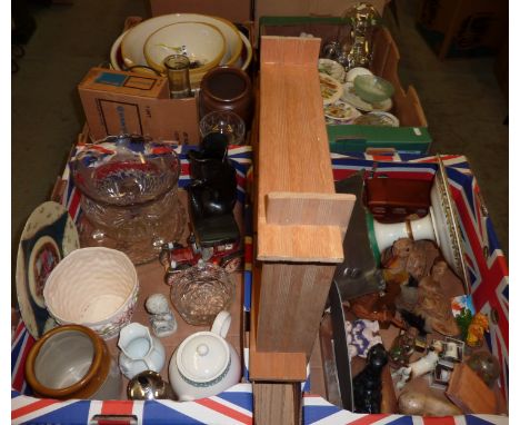 Two boxes of decorative ceramics including planters, glass bowls, novelty teapots, wooden display shelf etc.