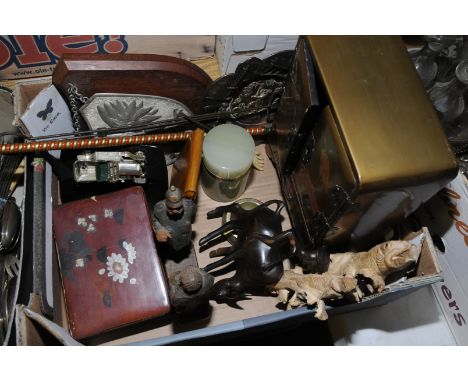 Chinese lacquered jewellery box with internal drawers behind two doors and pull out shelf, bone back scratcher, shields, carv