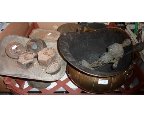 Large brass coal scuttle, set of scales etc.