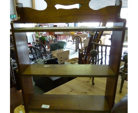 Oak three tiered shelf unit and a small upholstered footstool