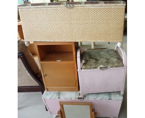 Two Lloyd Loom style blanket boxes another Lloyd Loom style stool, bedside cupboard and a pine framed dressing table mirror