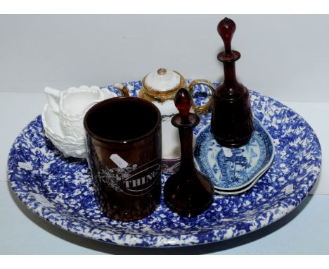 Large blue and white meat plate, two ruby glass decanter, souvenir teapot 'Long Stands Tynemouth', pink lustre tea cup, milk 