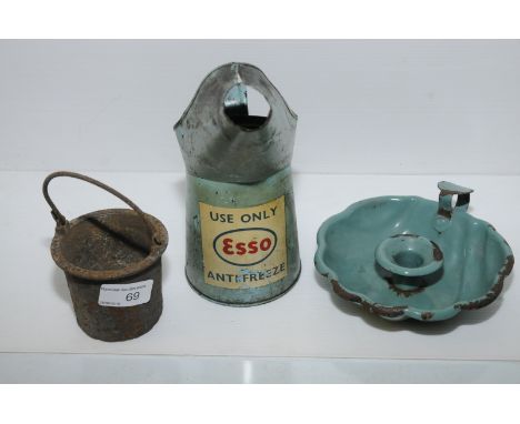 Esso oil can, enamel candle holder and glue pot