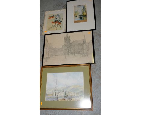 Framed watercolour depicting moorland scene, framed pencil sketch depicting 'University Of Glasgow', framed print depicting '