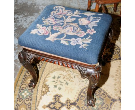 Carved mahogany dressing table stool with wool work top on ball and claw feet