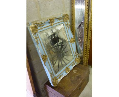 Framed bevel edged wall mirror and two gilt framed mirrors and a tin trunk (4)