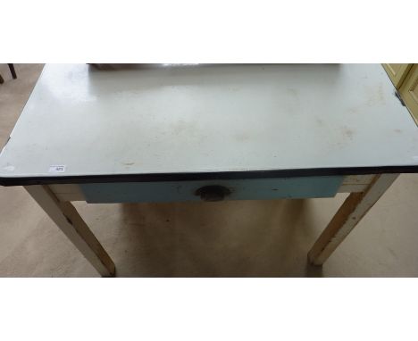 Painted pine side table with enamel top and single drawer 