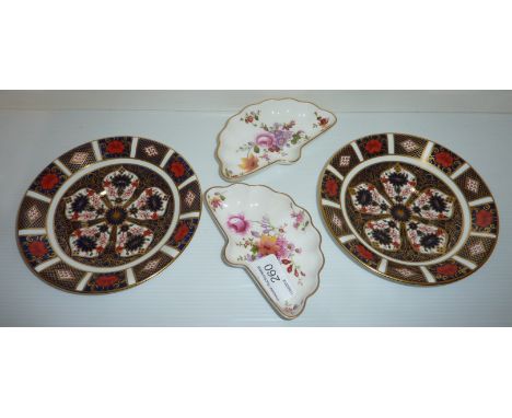 Two Royal Crown Derby Imari pattern saucers 1128 pattern and two Royal Crown Derby 'Derby Posies' pin dishes