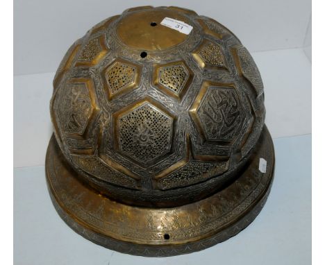 Large Indian brass hanging lantern with raised panels and embossed detail
