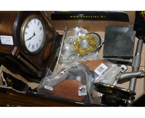 Oak mantel clock with inlaid decoration, alarm clocks, Swiza travel alarm clock etc.