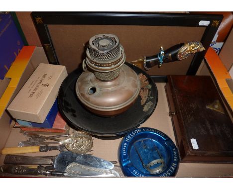 Set of balance scales, copper paraffin lamp base, small selection of silver plated cutlery etc.