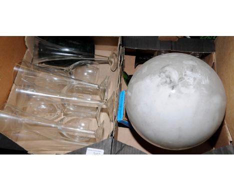 Glass opaque lamp shade, glass drinking glasses etc. in two boxes