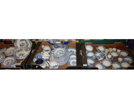 Three boxes of blue and white Woods & Son 'Yuan' table ware comprising lidded tureens, plates, tea cups and saucers, teapots 