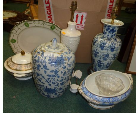 Blue and white table lamp, meat plate, ginger jar, Mintons Arcadia tureen, table lamps etc.