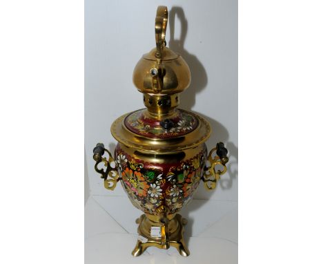 Brass samovar with painted detail to body, ornate brass handles and teapot finial