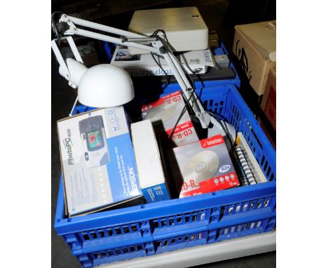Two boxes of assorted stationary including Photo PC600, box files, note pads, palm top GPS route planner, angle poise lamp et