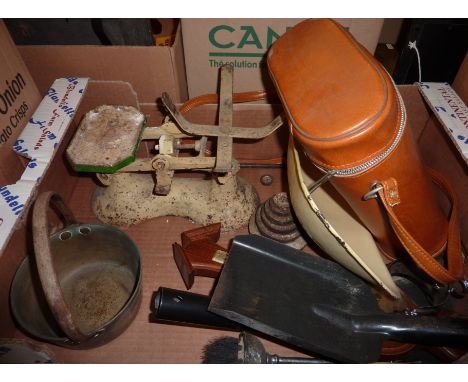 Set of scales, modern oak barometer, small brass jam pan etc.