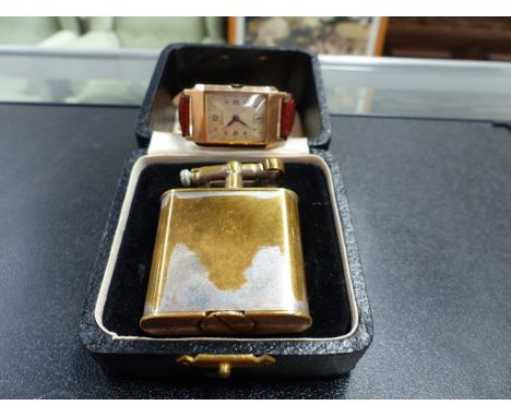 A 9ct GOLD FEDERAL WATCH TOGETHER WITH A DUNHILL LIGHTER. 