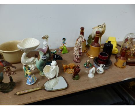 A QTY OF ART POTTERY, CERAMIC ORNAMENTS,TWO ANTIQUE DIARAMA, ONE UNDER GLASS DOME.