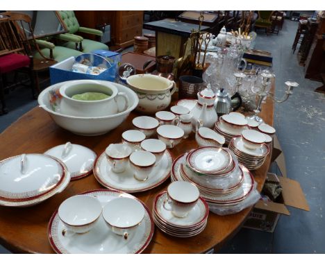 A ROYAL STAFFORD PART DINNER AND TEA SERVICE, A QTY OF VARIOUS CUT GLASS WARE, PLATED AND OTHER CUTLERY,ETC