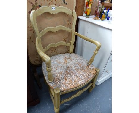 A CONTINENTAL PAINTED LADDER BACK ARMCHAIR.