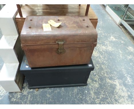 A PAINTED TOOL CHEST AND A TIN TRUNK.