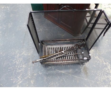 AN ARTS AND CRAFTS WROUGHT IRON FIRESIDE SET, A FIRE GRATE AND FIREGUARD.