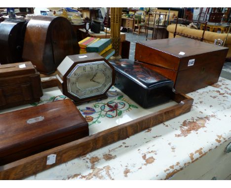 A VICTORIAN WRITING BOX, VARIOUS OTHER BOXES AND AN ART DECO MANTLE CLOCK BY MANSELL.