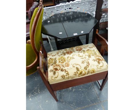 AN AESTHETIC EBONISED OCCASIONAL TABLE AND AN ART NOUVEAU INLAID PIANO STOOL.