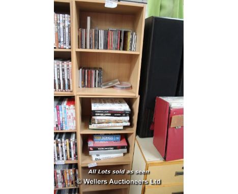 3X PINE SHELVES WITH CD'S LIKE BOB MARLEY, STEREOPHONICS, EURYTHMICS, STING ETC. AND BOOKS INCLUDING JOHN ONO LENNON, ENGLAND