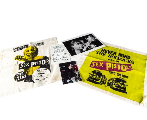 Sex Pistols Handkerchiefs plus, two Sex Pistols cotton handkerchiefs: The First US Tour and Crime Pays - both measure 15" squ