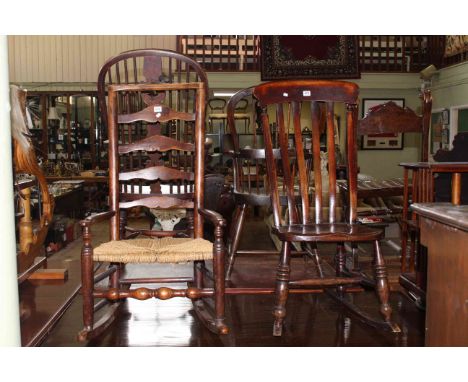 Victorian farmhouse style rocking chair and Country oak rush seated ladder back rocking chair.