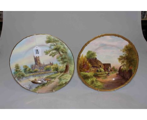 Royal Worcester cabinet plate painted with village scene of Little Camberton, signed, together with Royal Worcester Glouceste