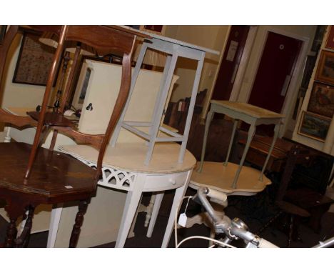 Collection of seven various occasional tables and needlework panel firescreen.