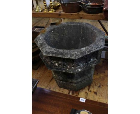 Large weathered octagonal garden font on pedestal base, 69cm by 82cm.