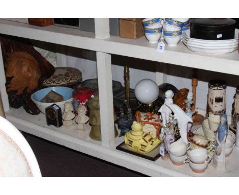 Wall clock, mantel clock, lamps and shades, stool, various china, whatnot, etc.