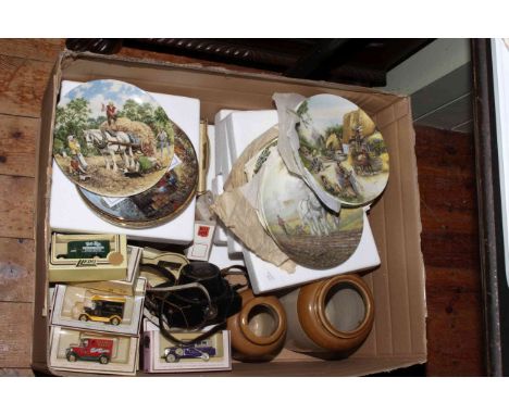 Collectors plates, stoneware jars, camera, model vehicles, etc.