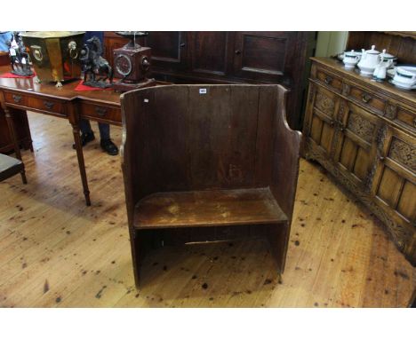 Antique pine panel back bench, 92cm by 76cm.