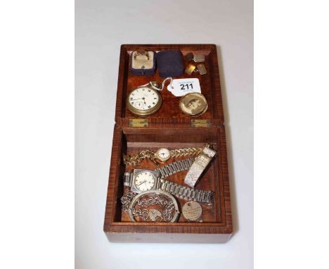 Box with gold signet ring, ladies Rotary bracelet watch, other watches, silver bangle and bracelets, cuff link, and portrait 