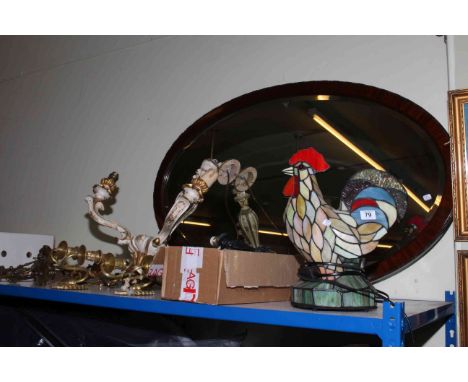Large oval mirror, cockerel, Tiffany style lamp, ceiling five branch chandelier, wall lights.