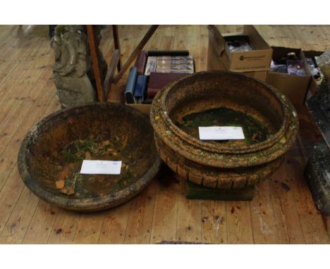 Large weathered terracotta circular garden planter on pedestal base, 46cm by 65cm diameter together with a large weathered te