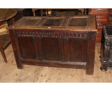 Antique oak triple panel front coffer, 70cm by 122cm.