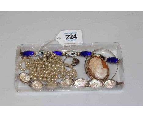 Scandinavian silver and enamel bracelet and carved mother of pearl oval panel bracelet, together with cameo brooch, silver ba