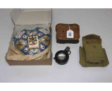 Heart shaped sweet heart pin cushion, WWII military compass and binoculars (3).