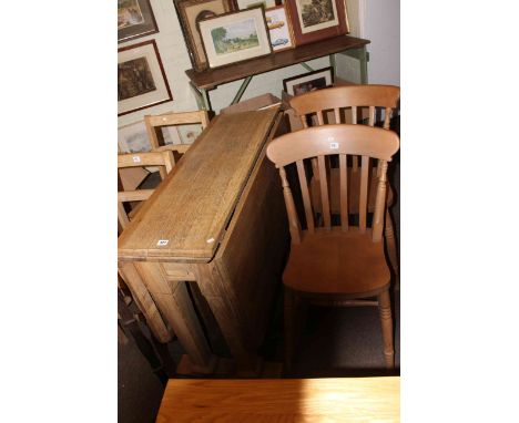 Light oak drop leaf dining table, pair beech farmhouse style kitchen chairs and pair ladder back chairs (5).