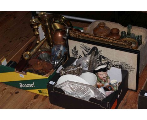 Stoneware jars, vintage glass bottles, brass and copper trays marked K S, binoculars, camera, silver pieces, pictures, etc.