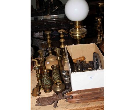 Assorted brass including candlesticks and lamp, box of tools, two bobbins, etc.