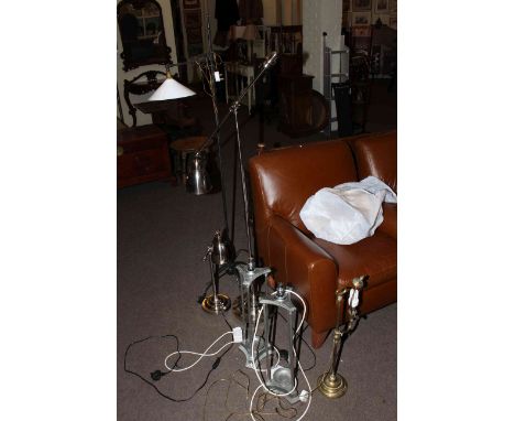 Matching standard lamp and table lamp, wrought iron standard lamp, pair of table lamps and brass lamp.