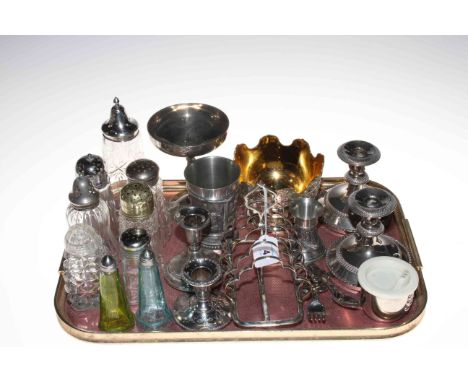 Glass sugar castors (one silver), silver candlestick, collection of silver plate including toast rack, candlesticks, etc.